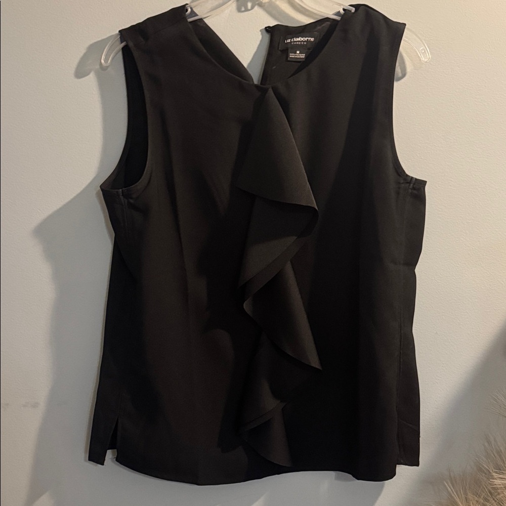Liz Claiborne Black Sleeveless Ruffle Front Blouse